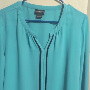 Liz Claiborne Teal Blouse with Navy Trim